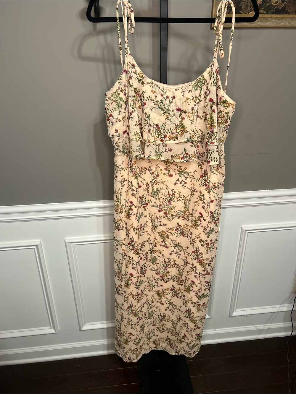Rokoko Cream Floral Maxi Dress boho ruffle Tie Straps large